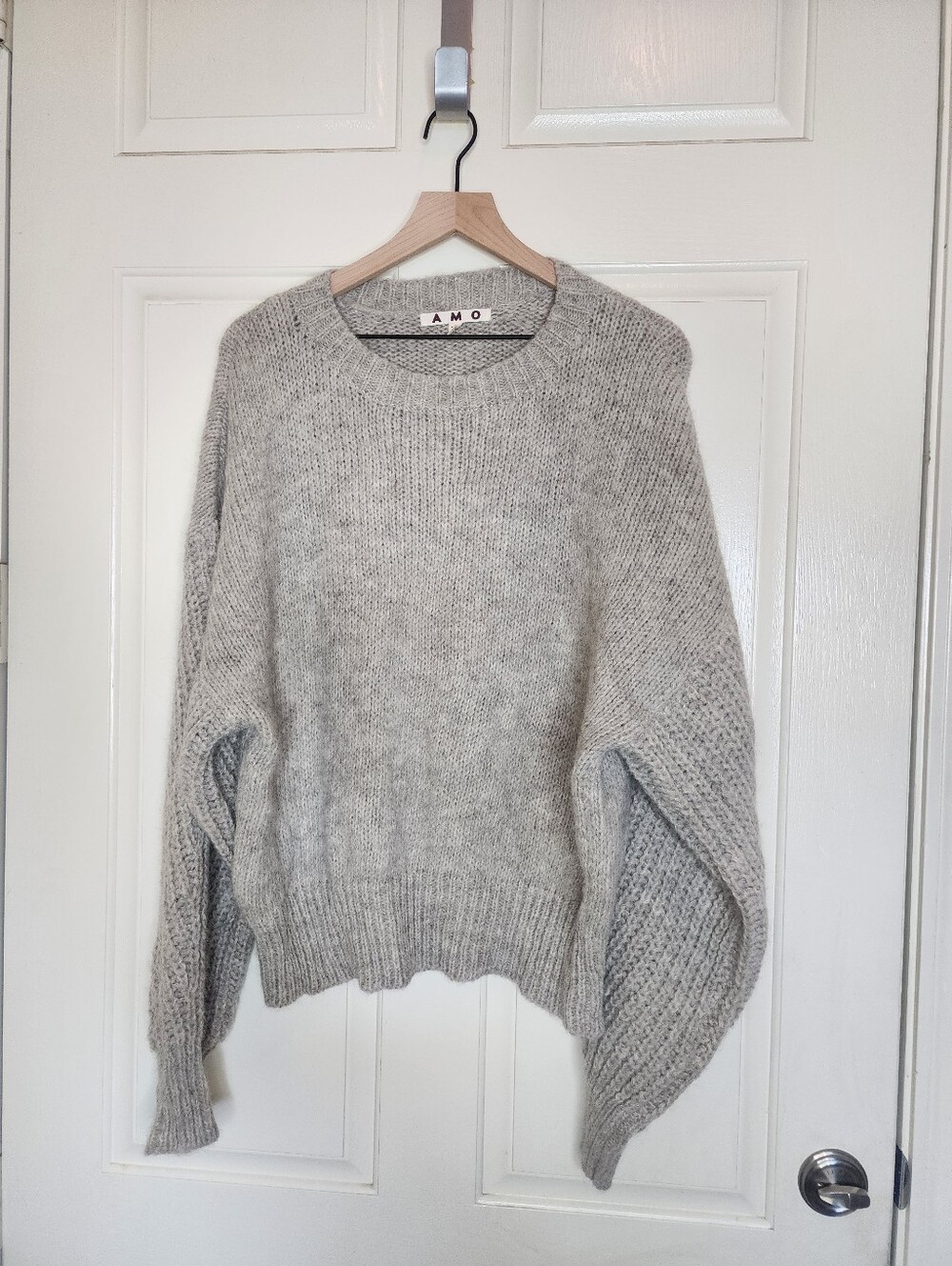AMO Ada Rib Crewneck Knit Pullover Sweater - Snow Gray 100% Baby Alpaca XL